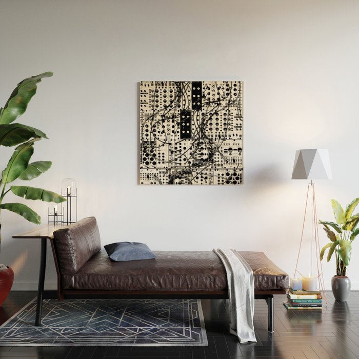 analog synthesizer system - modular black and white Wood Wall Art Gallery Image 2