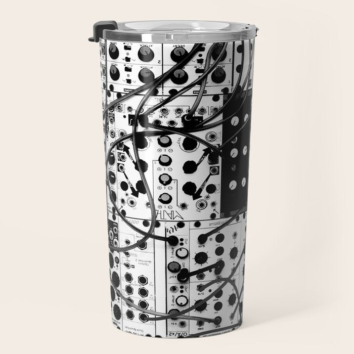 analog synthesizer system - modular black and white Travel Mug Gallery Image 3