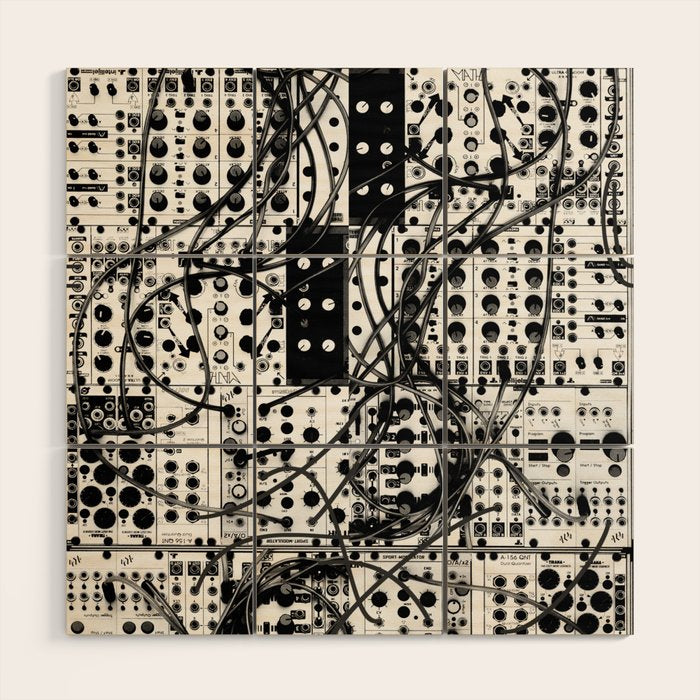 analog synthesizer system - modular black and white Wood Wall Art
