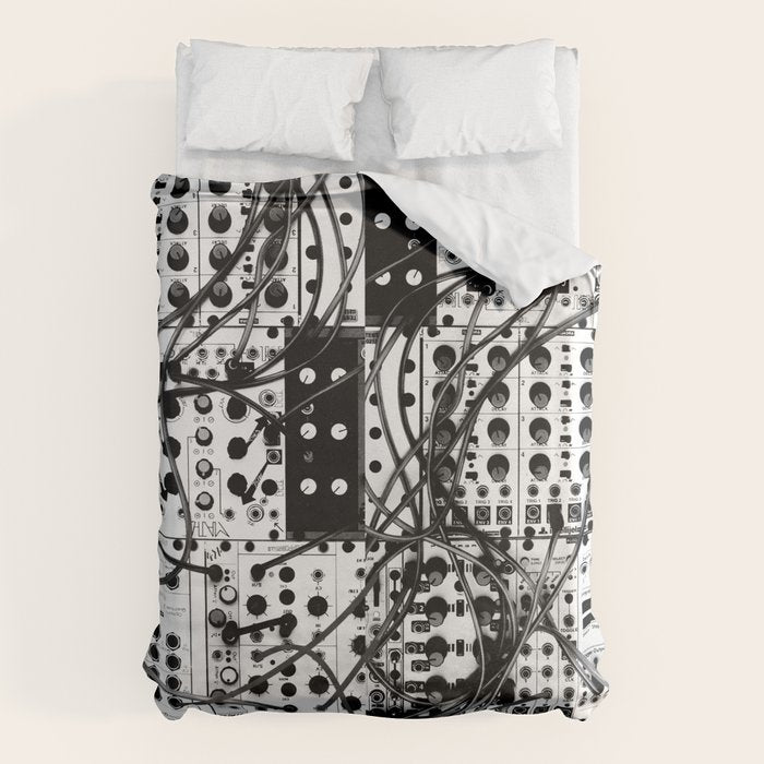 analog synthesizer system - modular black and white Duvet Cover Gallery Image 6