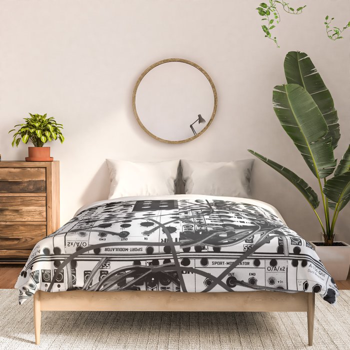 analog synthesizer system - modular black and white Comforter Gallery Image 3