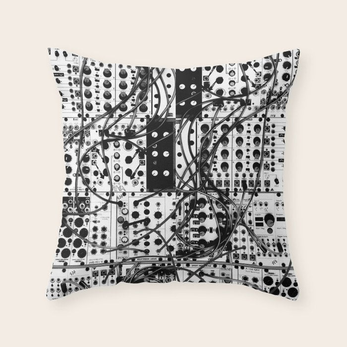 analog synthesizer system - modular black and white Throw Pillow Gallery Image 1