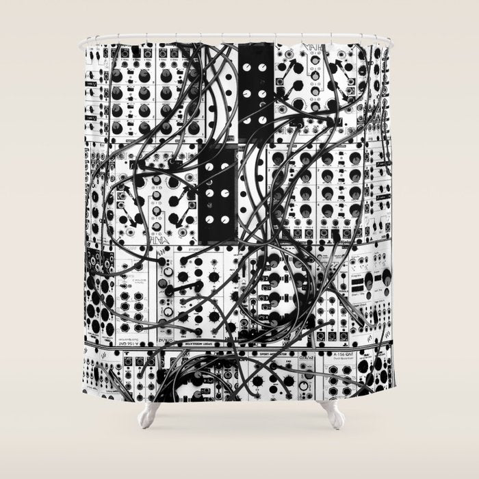 analog synthesizer system - modular black and white Shower Curtain Gallery Image 1