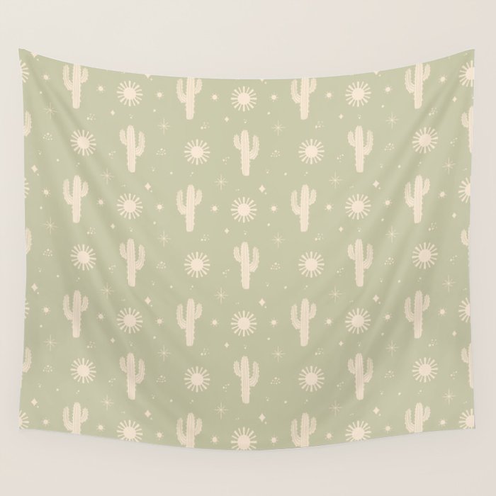 Boho Cactus Sun Desert Sage Green Pattern Wall Tapestry Gallery Image 4