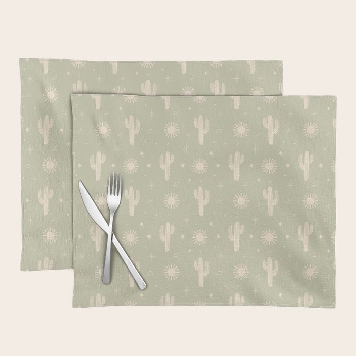 Boho Cactus Sun Desert Sage Green Pattern Placemat Gallery Image 1