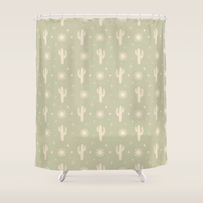 Boho Cactus Sun Desert Sage Green Pattern Shower Curtain Gallery Image 1