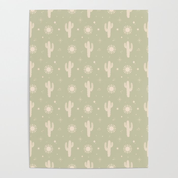 Boho Cactus Sun Desert Sage Green Pattern Poster Gallery Image 1