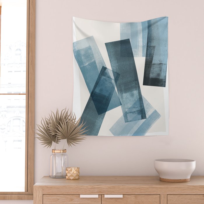 Rectangular Shapes Blue Geometric Abstract Wall Tapestry Gallery Image 2