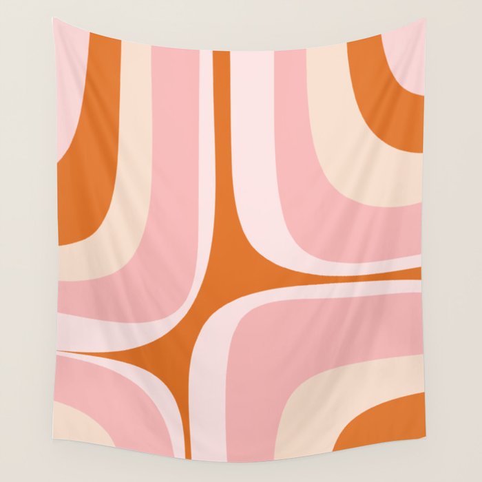 Retro Groove Pink and Orange - Cheerful Abstract Minimalist Pattern Wall Tapestry Gallery Image 4