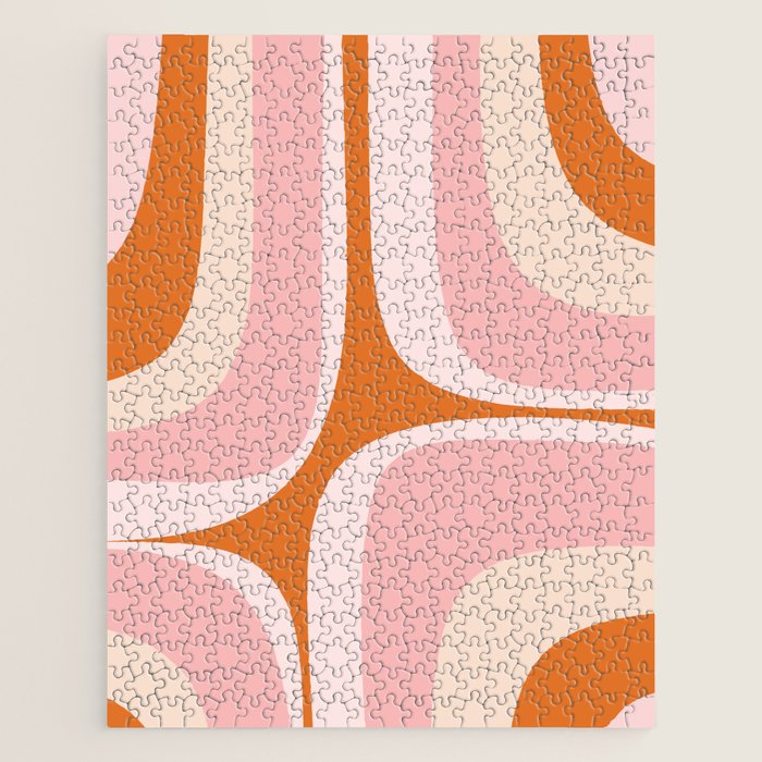 Retro Groove Pink and Orange - Cheerful Abstract Minimalist Pattern Jigsaw Puzzle Gallery Image 1