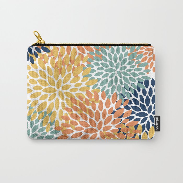 Floral Blooms, Orange, Yellow, Teal, Navy Carry All Pouch Gallery Image 1