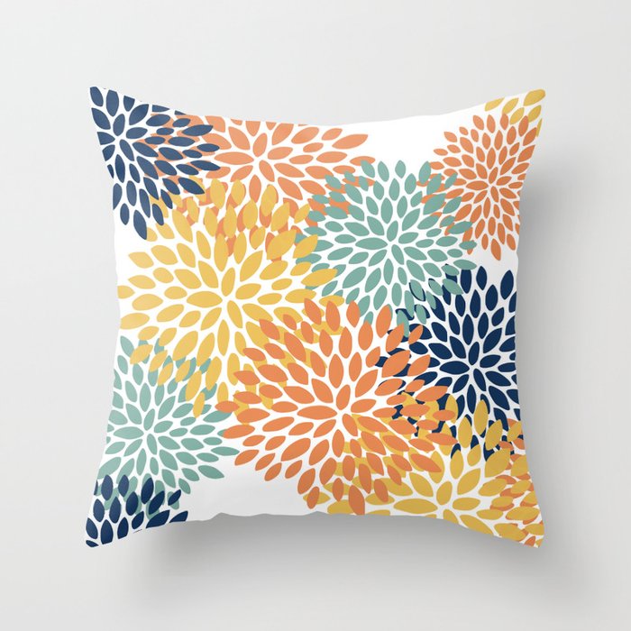 Floral Blooms, Orange, Yellow, Teal, Navy Throw Pillow Gallery Image 6