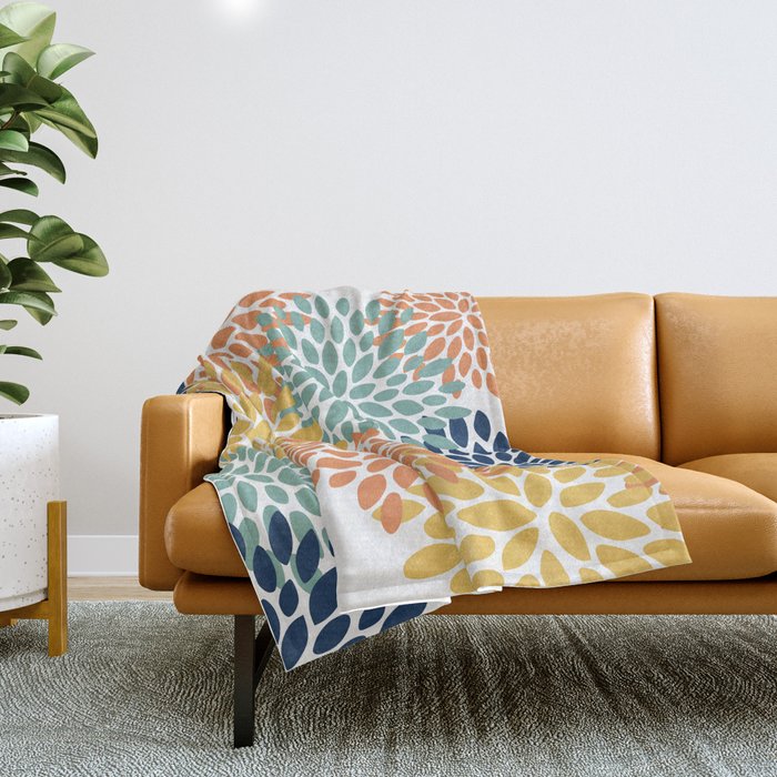 Floral Blooms, Orange, Yellow, Teal, Navy Throw Blanket Gallery Image 1