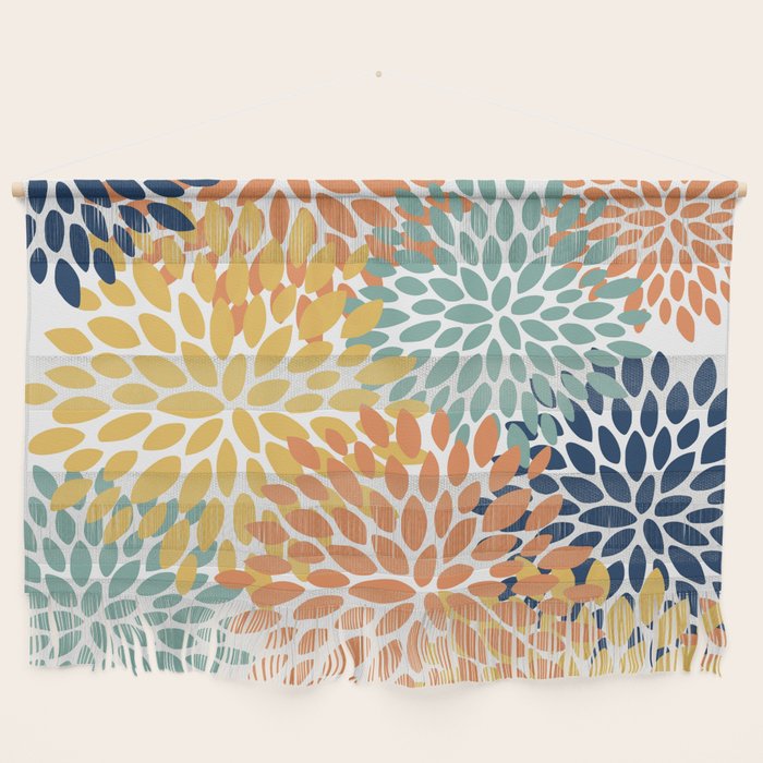 Floral Blooms, Orange, Yellow, Teal, Navy Wall Hanging Gallery Image 1