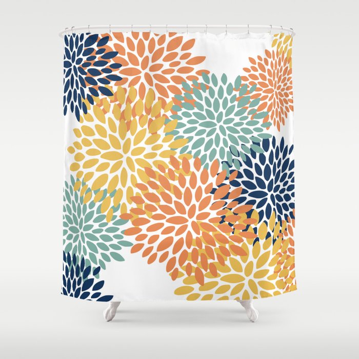 Floral Blooms, Orange, Yellow, Teal, Navy Shower Curtain Gallery Image 1