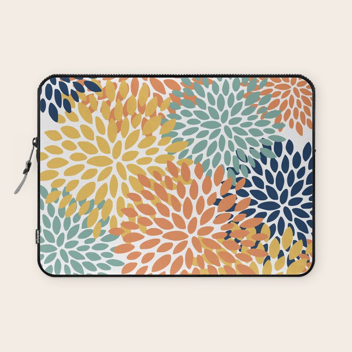 Floral Blooms, Orange, Yellow, Teal, Navy Laptop Sleeve Gallery Image 1