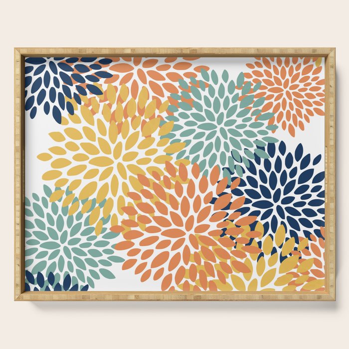 Floral Blooms, Orange, Yellow, Teal, Navy Serving Tray Gallery Image 1