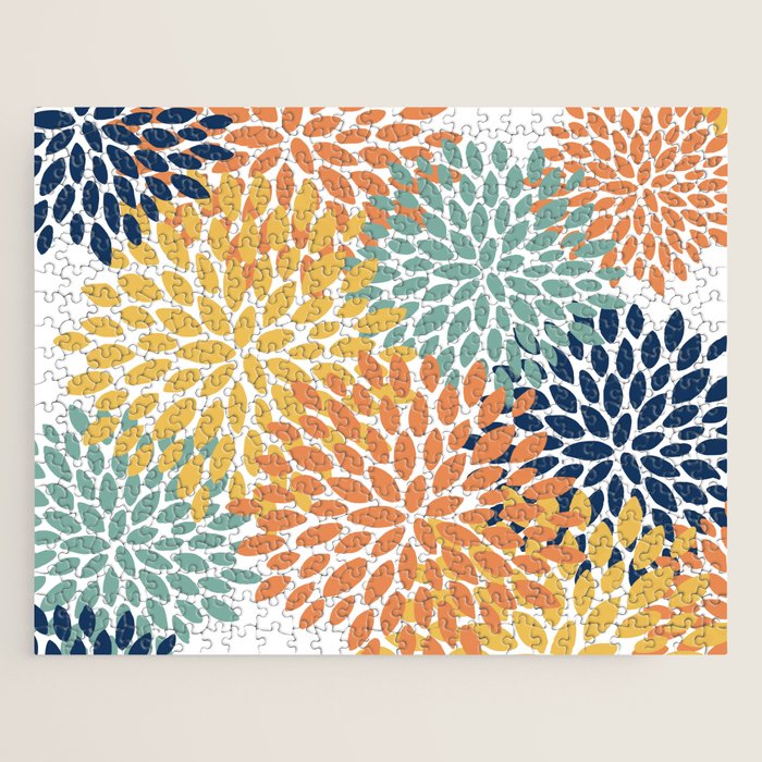 Floral Blooms, Orange, Yellow, Teal, Navy Jigsaw Puzzle Gallery Image 1