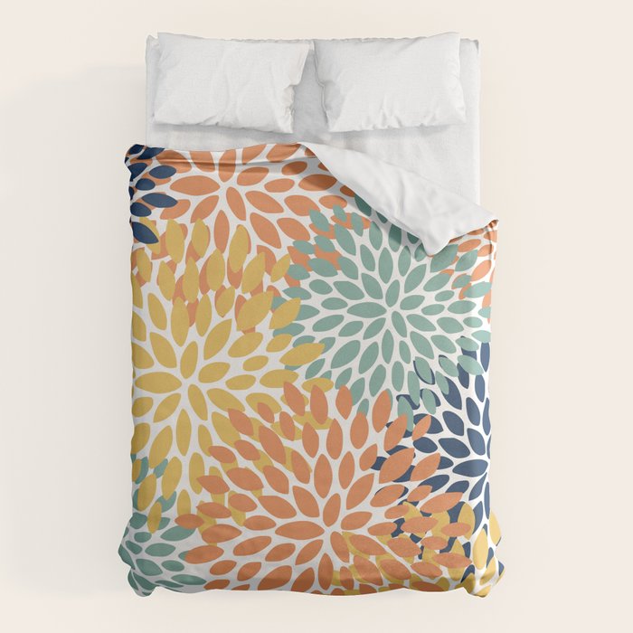 Floral Blooms, Orange, Yellow, Teal, Navy Duvet Cover Gallery Image 6