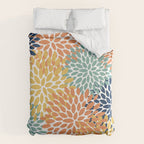 Floral Blooms, Orange, Yellow, Teal, Navy Duvet Cover Gallery Image 6