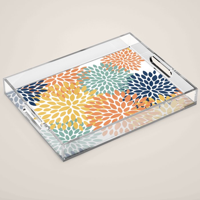Floral Blooms, Orange, Yellow, Teal, Navy Acrylic Tray Gallery Image 1