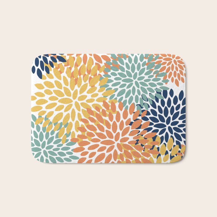 Floral Blooms, Orange, Yellow, Teal, Navy Bath Mat Gallery Image 1