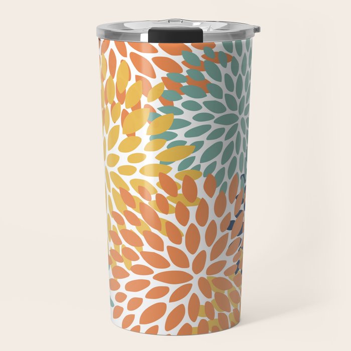 Floral Blooms, Orange, Yellow, Teal, Navy Travel Mug Gallery Image 1