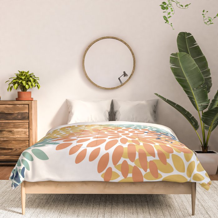 Floral Blooms, Orange, Yellow, Teal, Navy Comforter Gallery Image 3