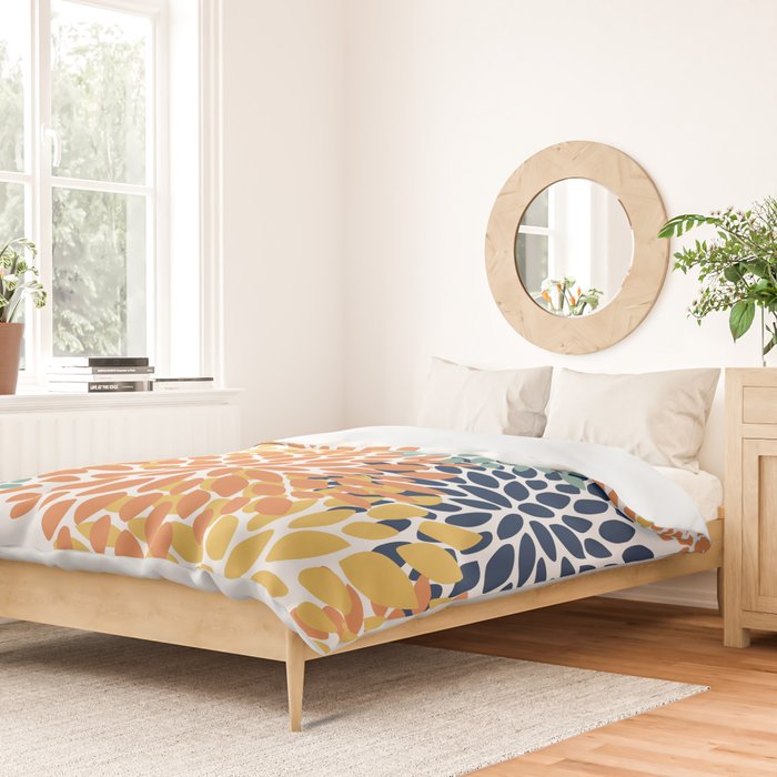 Floral Blooms, Orange, Yellow, Teal, Navy Duvet Cover Gallery Image 2