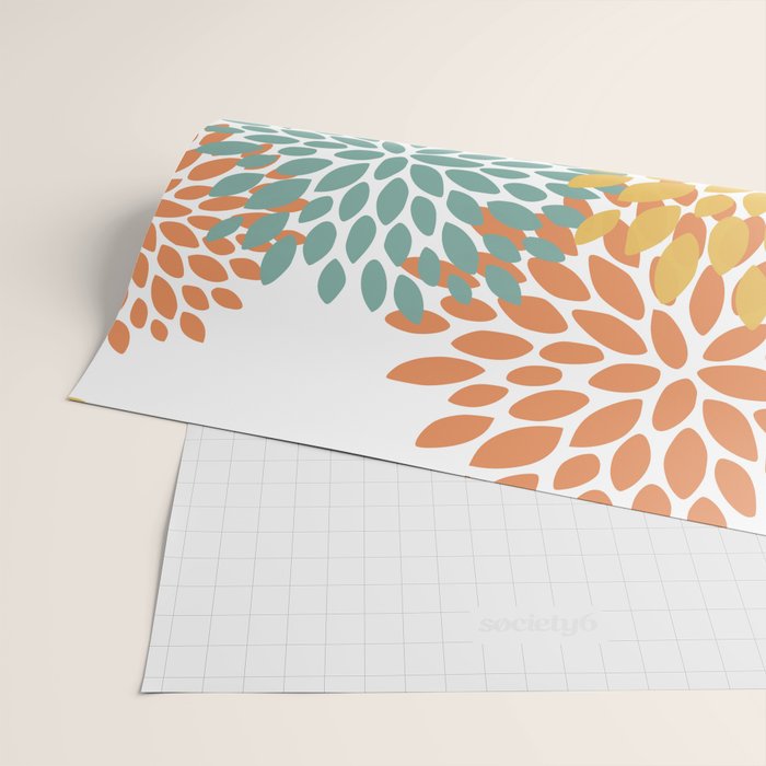 Floral Blooms, Orange, Yellow, Teal, Navy Wrapping Paper Gallery Image 2