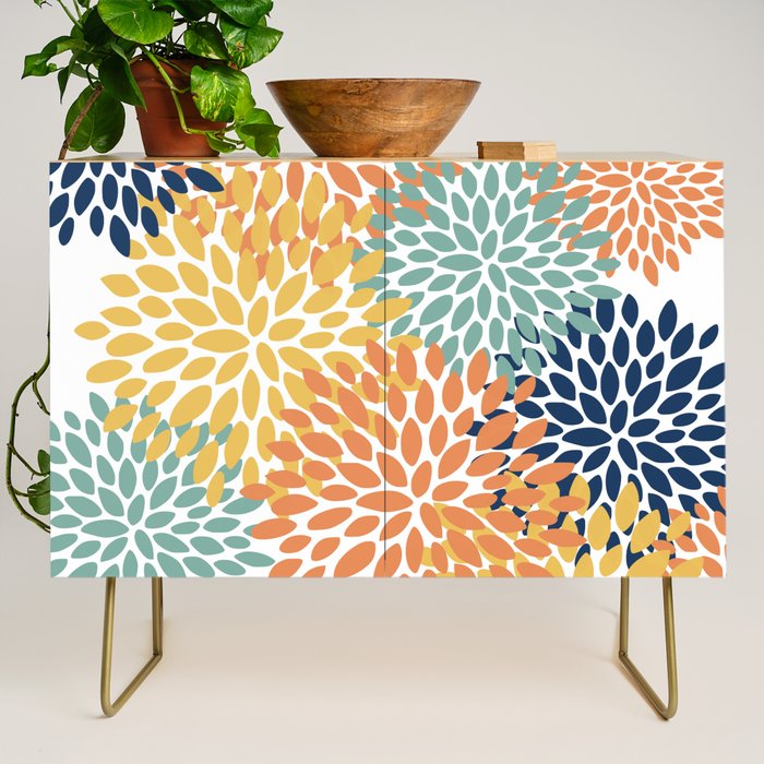 Floral Blooms, Orange, Yellow, Teal, Navy Credenza Gallery Image 1