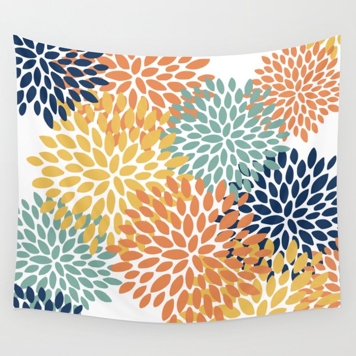 Floral Blooms, Orange, Yellow, Teal, Navy Wall Tapestry Gallery Image 1