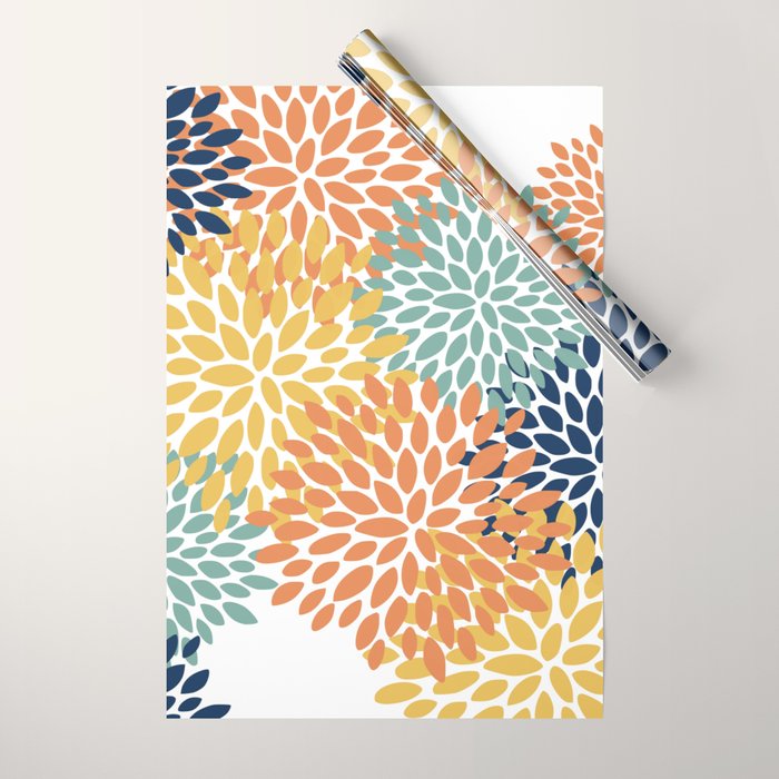 Floral Blooms, Orange, Yellow, Teal, Navy Wrapping Paper Gallery Image 1