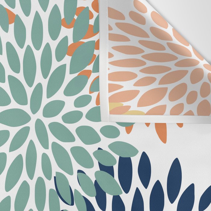 Floral Blooms, Orange, Yellow, Teal, Navy Wall Tapestry Gallery Image 3