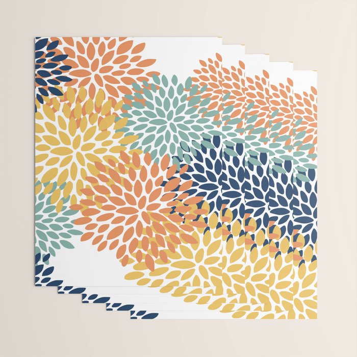 Floral Blooms, Orange, Yellow, Teal, Navy Wrapping Paper Gallery Image 3