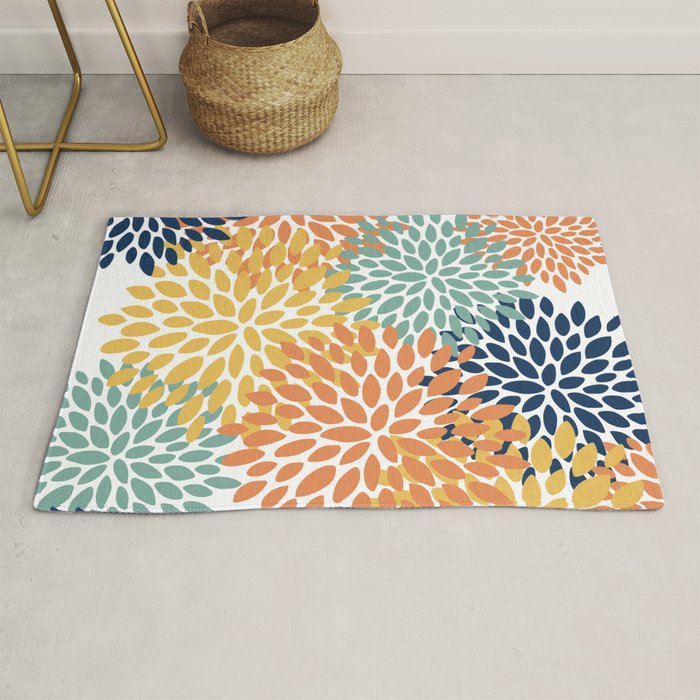 Floral Blooms, Orange, Yellow, Teal, Navy Rug Gallery Image 1