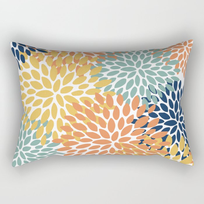 Floral Blooms, Orange, Yellow, Teal, Navy Rectangular Pillow Gallery Image 1