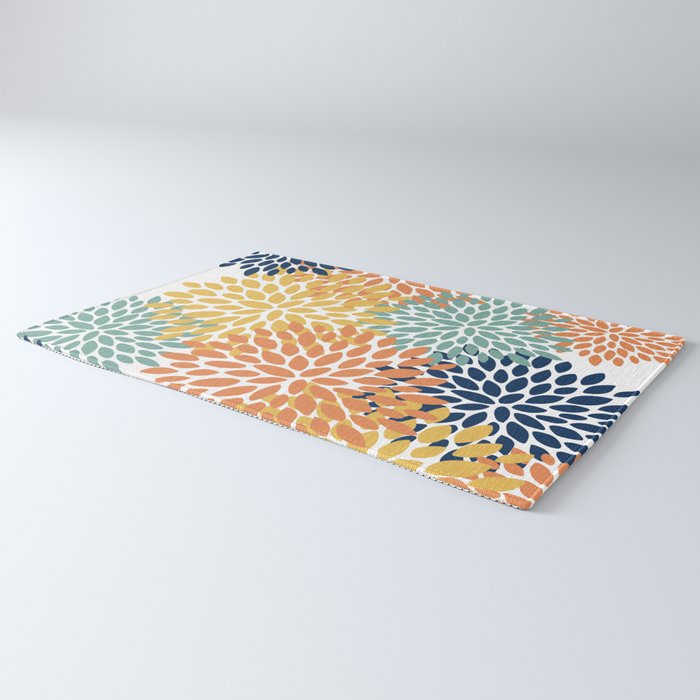 Floral Blooms, Orange, Yellow, Teal, Navy Rug Gallery Image 3