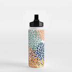 Floral Blooms, Orange, Yellow, Teal, Navy Water Bottle Gallery Image 2