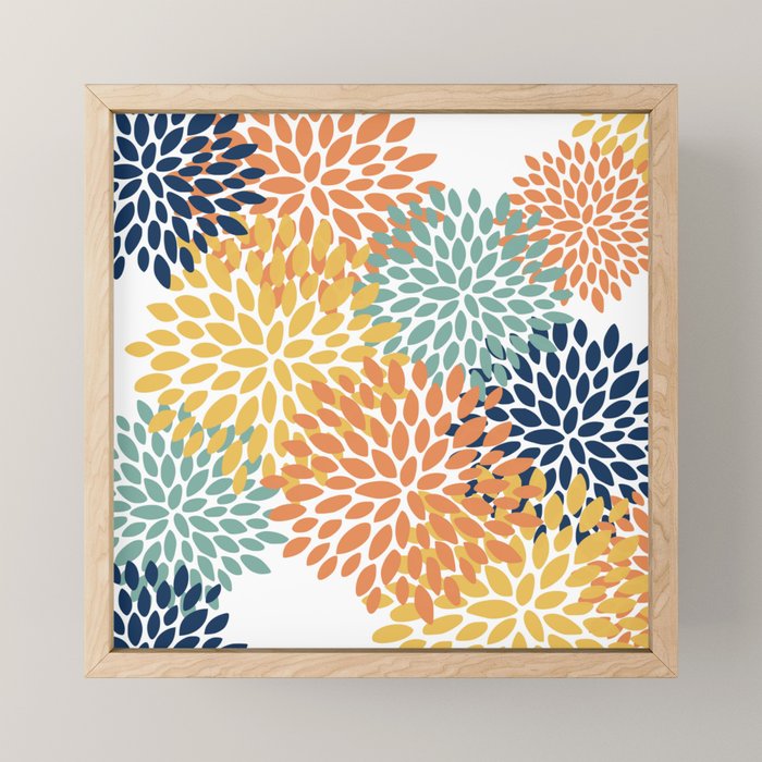 Floral Blooms, Orange, Yellow, Teal, Navy Mini Art Print Gallery Image 1