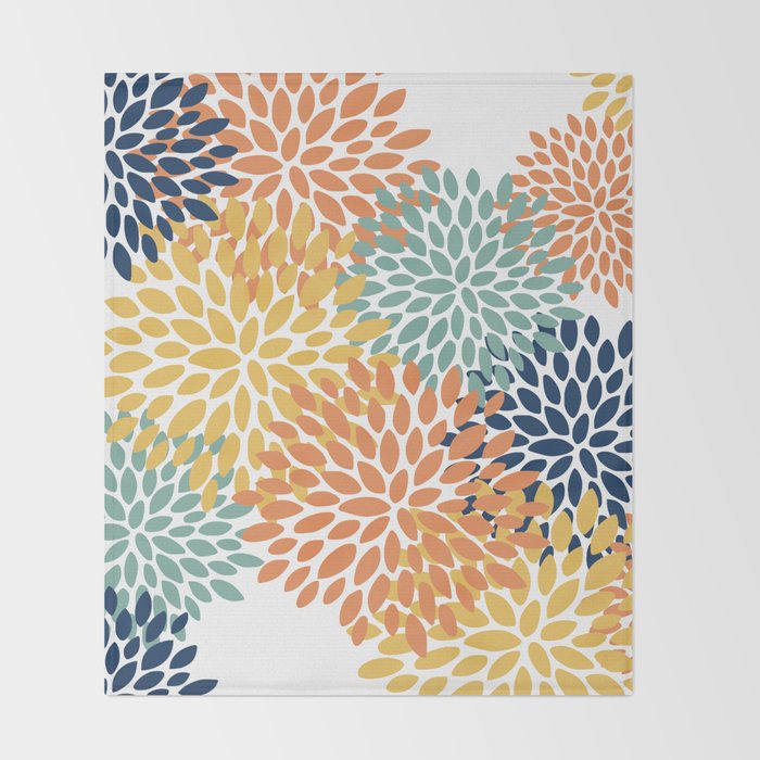 Floral Blooms, Orange, Yellow, Teal, Navy Throw Blanket Gallery Image 2