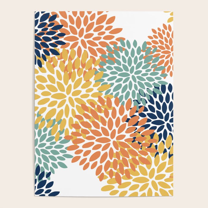 Floral Blooms, Orange, Yellow, Teal, Navy Poster Gallery Image 1