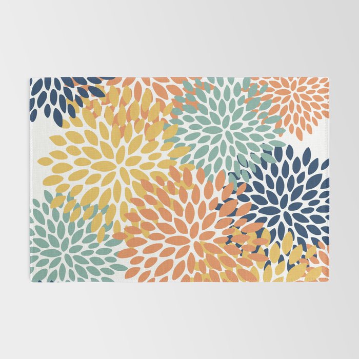 Floral Blooms, Orange, Yellow, Teal, Navy Rug Gallery Image 2