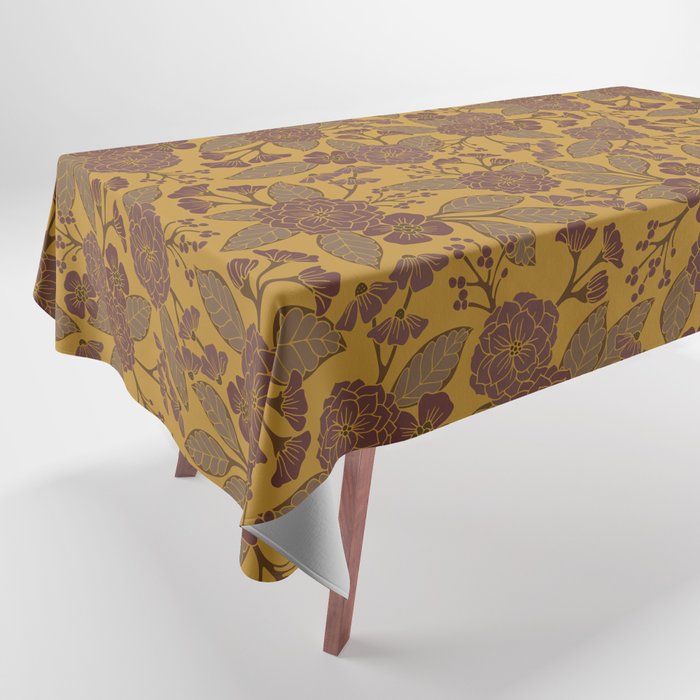 Mustard Yellow, Brown, Raisin, Taupe & Mauve Floral Pattern Tablecloth Gallery Image 1