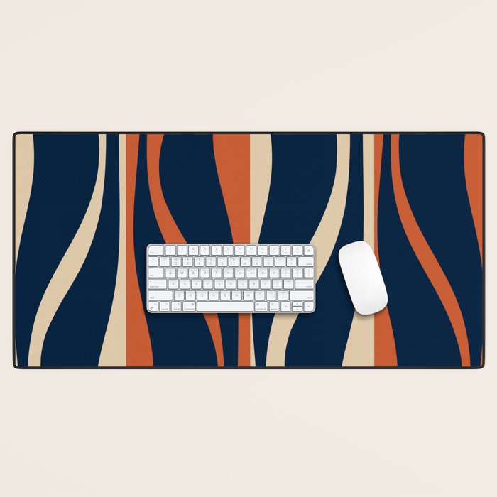 Mid Century Modern Retro Lounge Striped Ogee Pattern in Midcentury Navy Blue, Spiced Orange, and Beige Desk Mat Gallery Image 1