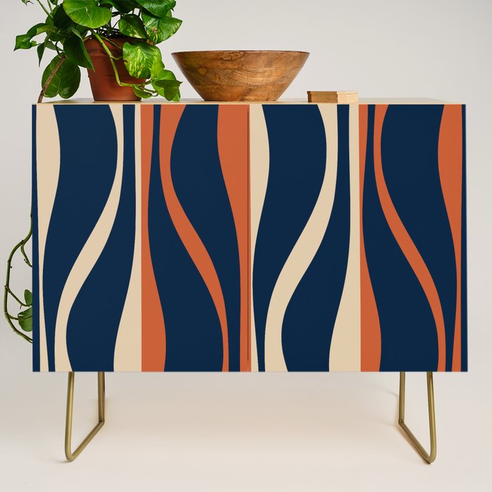 Mid Century Modern Retro Lounge Striped Ogee Pattern in Midcentury Navy Blue, Spiced Orange, and Beige Credenza Gallery Image 1