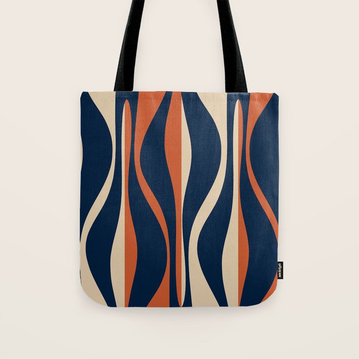 Mid Century Modern Retro Lounge Striped Ogee Pattern in Midcentury Navy Blue, Spiced Orange, and Beige Tote Bag Gallery Image 1
