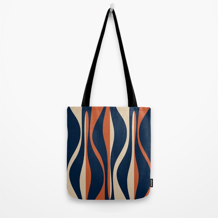Mid Century Modern Retro Lounge Striped Ogee Pattern in Midcentury Navy Blue, Spiced Orange, and Beige Tote Bag Gallery Image 2