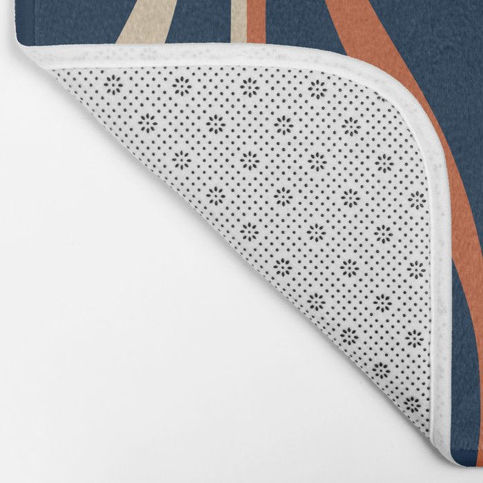 Mid Century Modern Retro Lounge Striped Ogee Pattern in Midcentury Navy Blue, Spiced Orange, and Beige Bath Mat Gallery Image 2