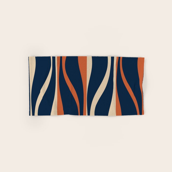 Mid Century Modern Retro Lounge Striped Ogee Pattern in Midcentury Navy Blue, Spiced Orange, and Beige Bath Towel Gallery Image 1